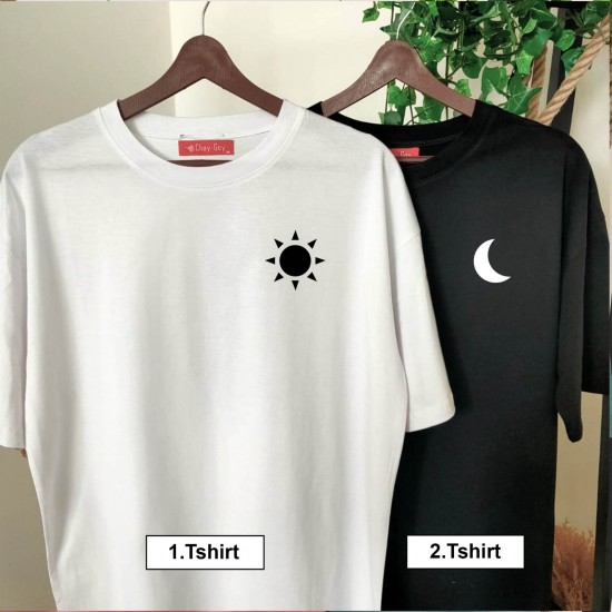 2 Adet Güneş & Ay Baskılı Çift Tişörtleri 2 Adet Güneş & Ay Baskılı Çift Tişörtleri